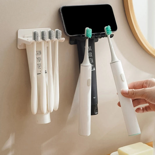 Wall Mounted 4-Slots Toothbrush Rack Multifunctional Mobile Phone Holder Toothpaste Dispenser Stand Bathroom Storage