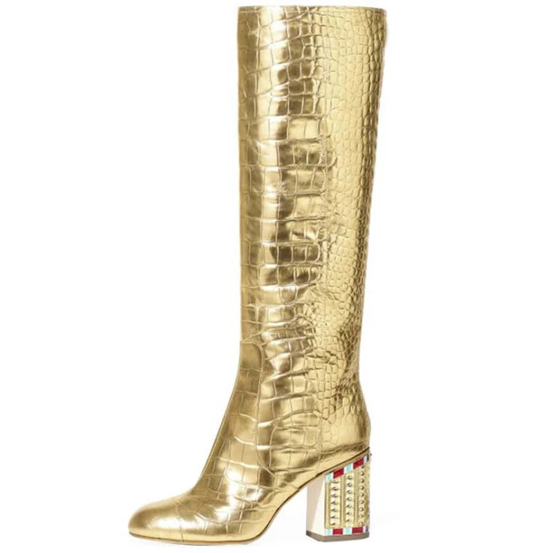 New Gold Side Zipper Knee-High Boots Women Round Toe Rhinestone Square High Heels Woman Runway Boots Woman Fashion Ladies Shoes