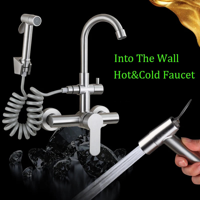 304 stainless steel Kitchen Sink Faucet Brushed Nickel Mixer Tap Stream Sprayer  Wall Installation