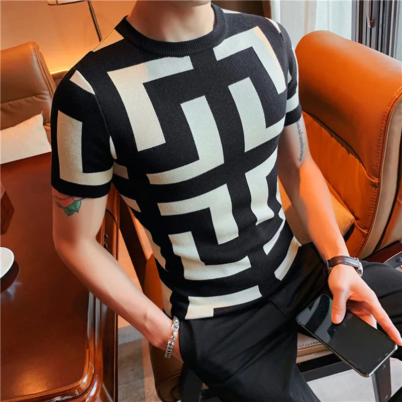 2023 Spring Summer Short Sleeve Sweater Men Clothing Slim Fit O-Neck Homme Casual Knitted Pullovers Streetwear Knit Shirt S-4XL