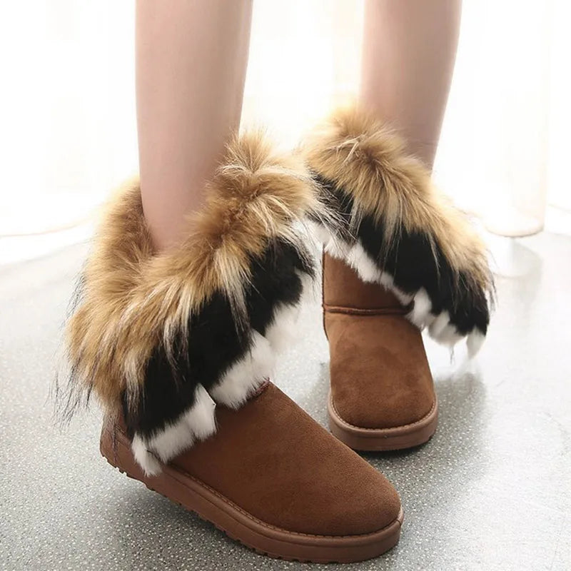 Women Fur Boots Ladies Winter Warm Ankle Boots For Women Snow Shoes Style Round-toe Slip On Female Flock Snow Boot Ladies Shoes