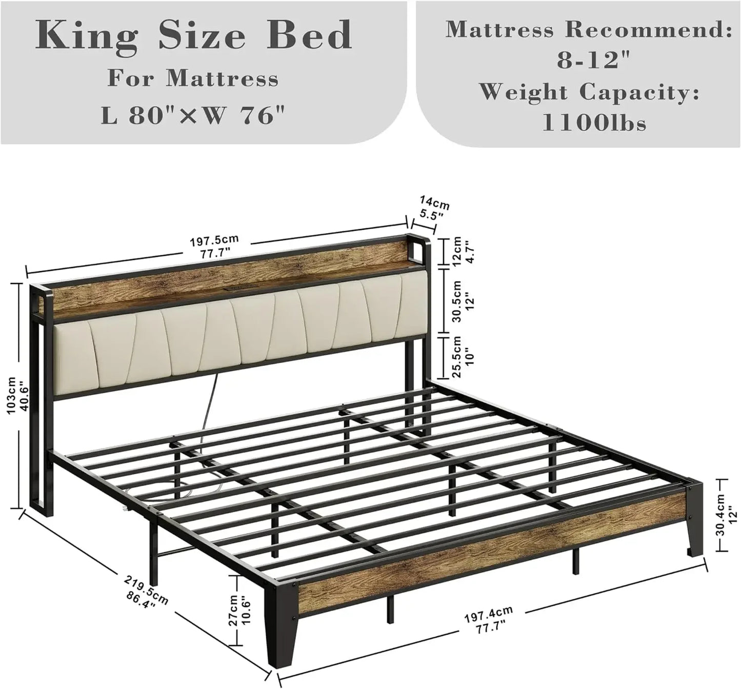 LIKIMIO King Bed Frame, Storage Headboard with Charging Station, Solid and Stable, Noise Free, No Box Spring Needed