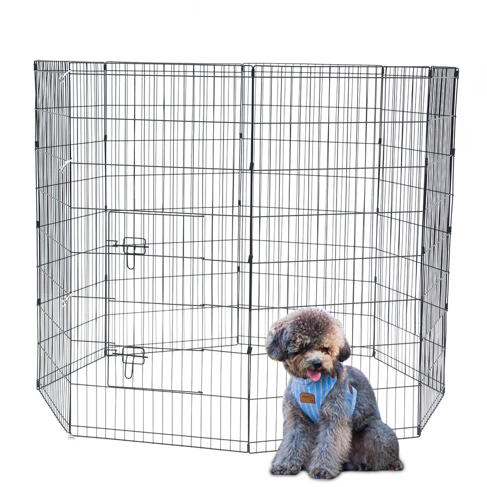 48" Tall Iron Wire Fence Playpen Pet Dog Cat Folding Exercise Yard 8 Panel Metal Play Pen with Door Black[US-Stock]