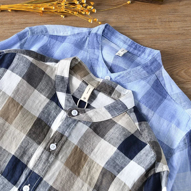 Men Clothing 2022 Fresh Striped Linen Long-sleeved Plaid Shirt Men's Youth Casual Shirt