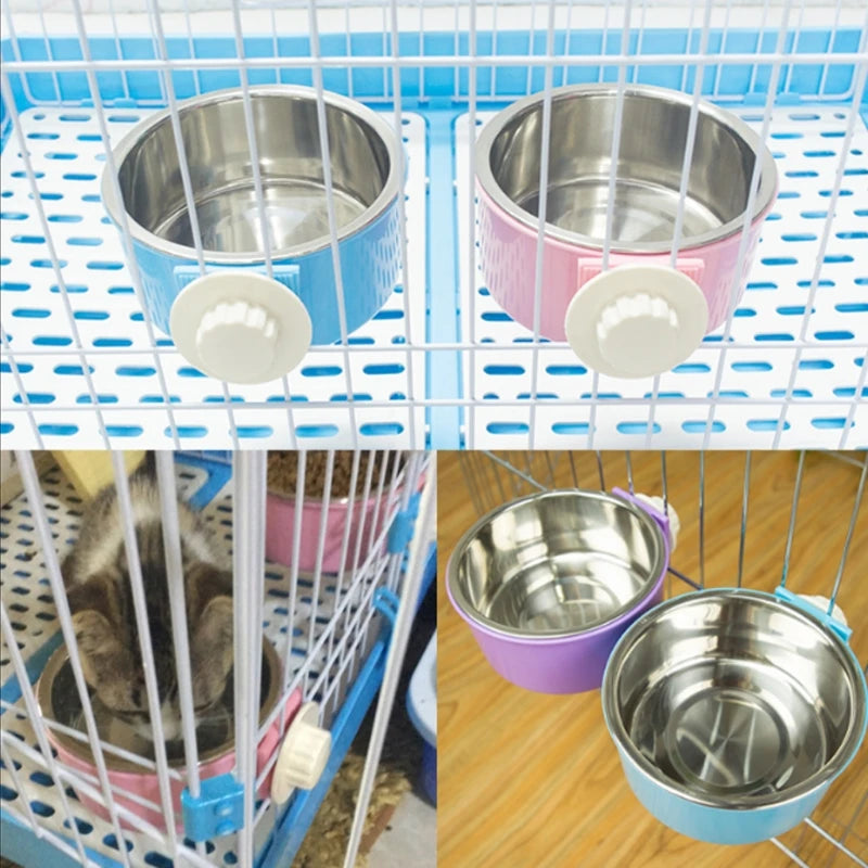 367A Dog Kennel Bowl Removable Stainless Steel Hanging Food Water Bowl Crate Cup Pet Cage Bowls for Bird Small Animals