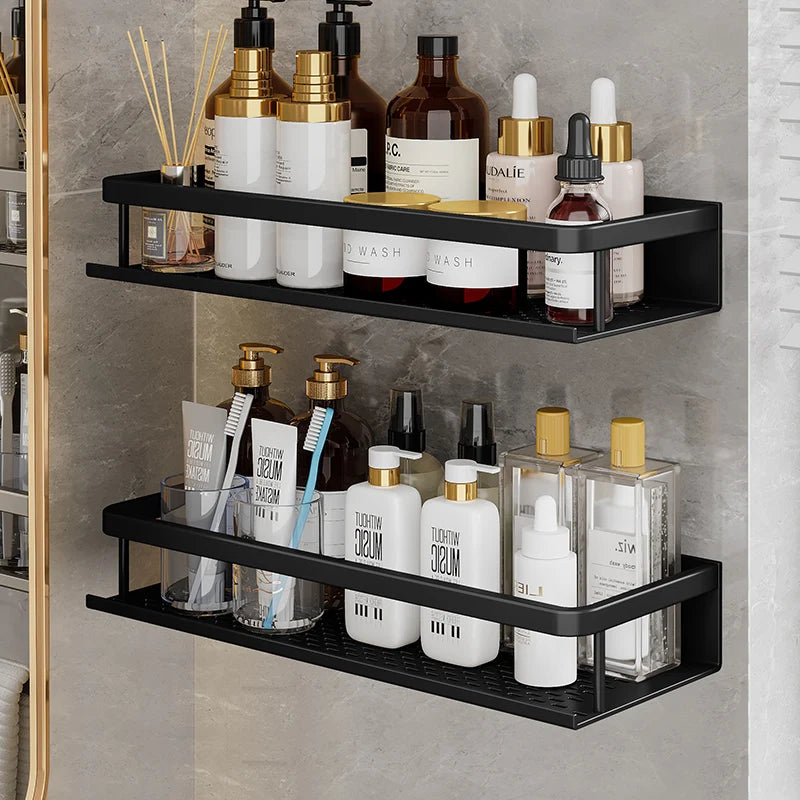 Black Space Aluminum shelf for shower no drill Toilet Rack Wall-mounted Bathroom Shelves Basket Set For Kitchen Accessories