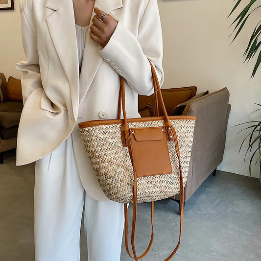 Summer Handmade Bags for Women Large Capacity Straw Bags Woven Basket Tote Top Handle Handbags Lady Beach Hand Bags Shoulder Bag