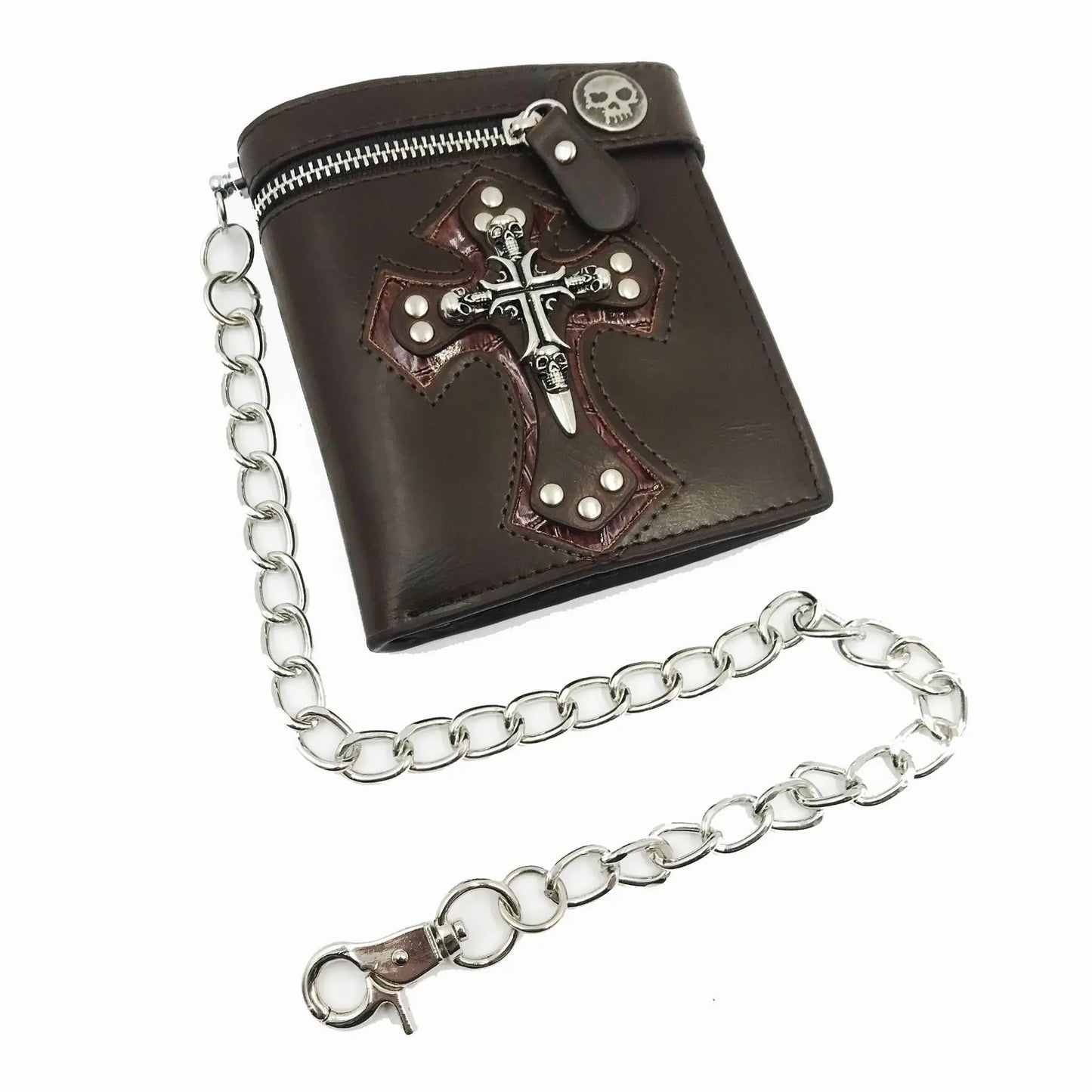 Fashion Cool PU Leather Punk Gothic Skull Cross Clutch Purse Wallets With Chain For Women Men