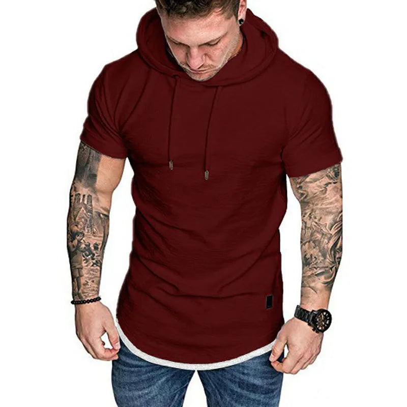 2023 New Men's Fashion Hooded Solid Color Short-Sleeved T-shirt Summer Casual Sports T Shirt Hoodies Clothing for Men MY073