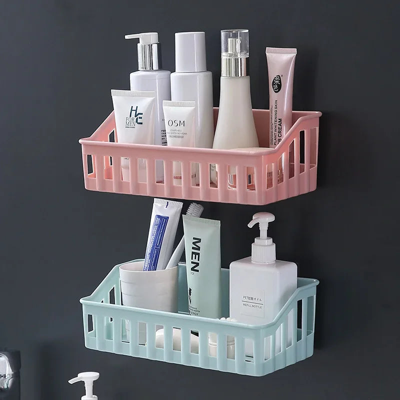 1pcs Japanese-style Plastic Bathroom Shelf Wall-mounted Shower Gel Storage Rack Toilet Free Punch Toiletry Stand