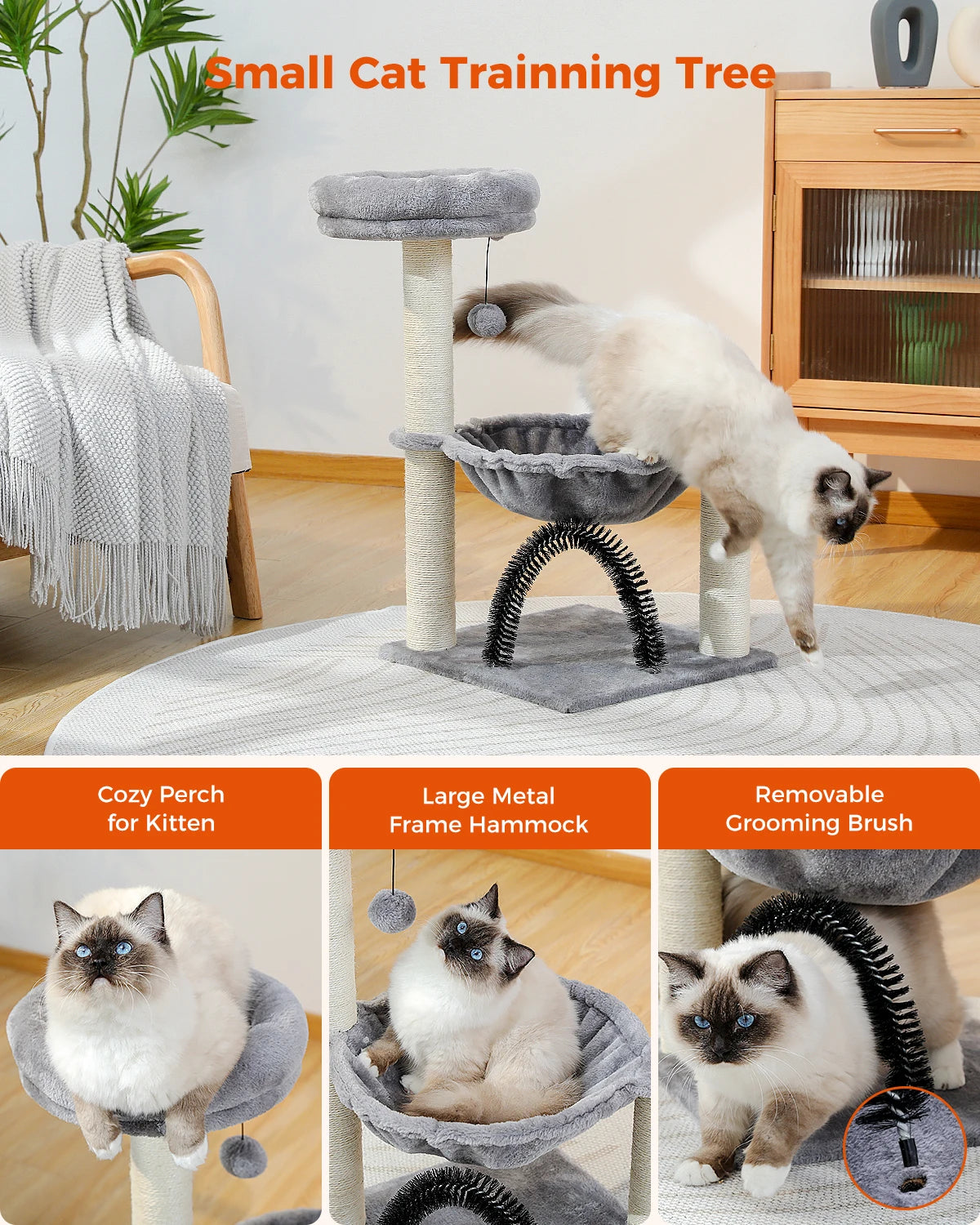 Small Cat Tree Cat Tower for Kitten with Super Large Plush Hammock Cat Scratching Post for Indoor Cats with Top Perch Cat Brush