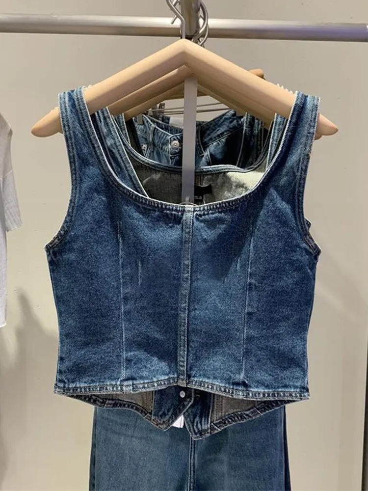 2023 Summer New Women's Vintage Denim Tank Top  korean fashion clothing  tops women  crop  cute tops