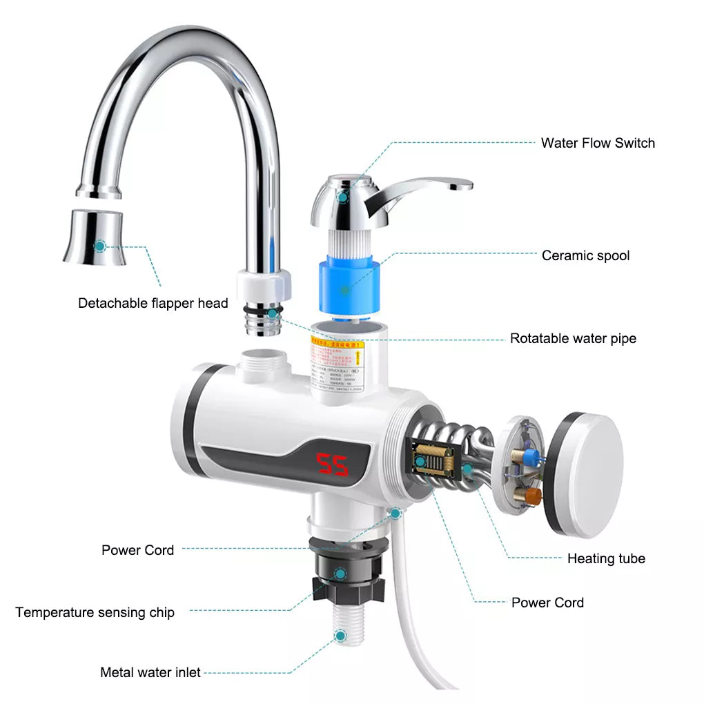 Water Heater Shower 220V Kitchen Faucet EU Plug Tankless Water Heater 3000W Digital Display For Country House Cottage