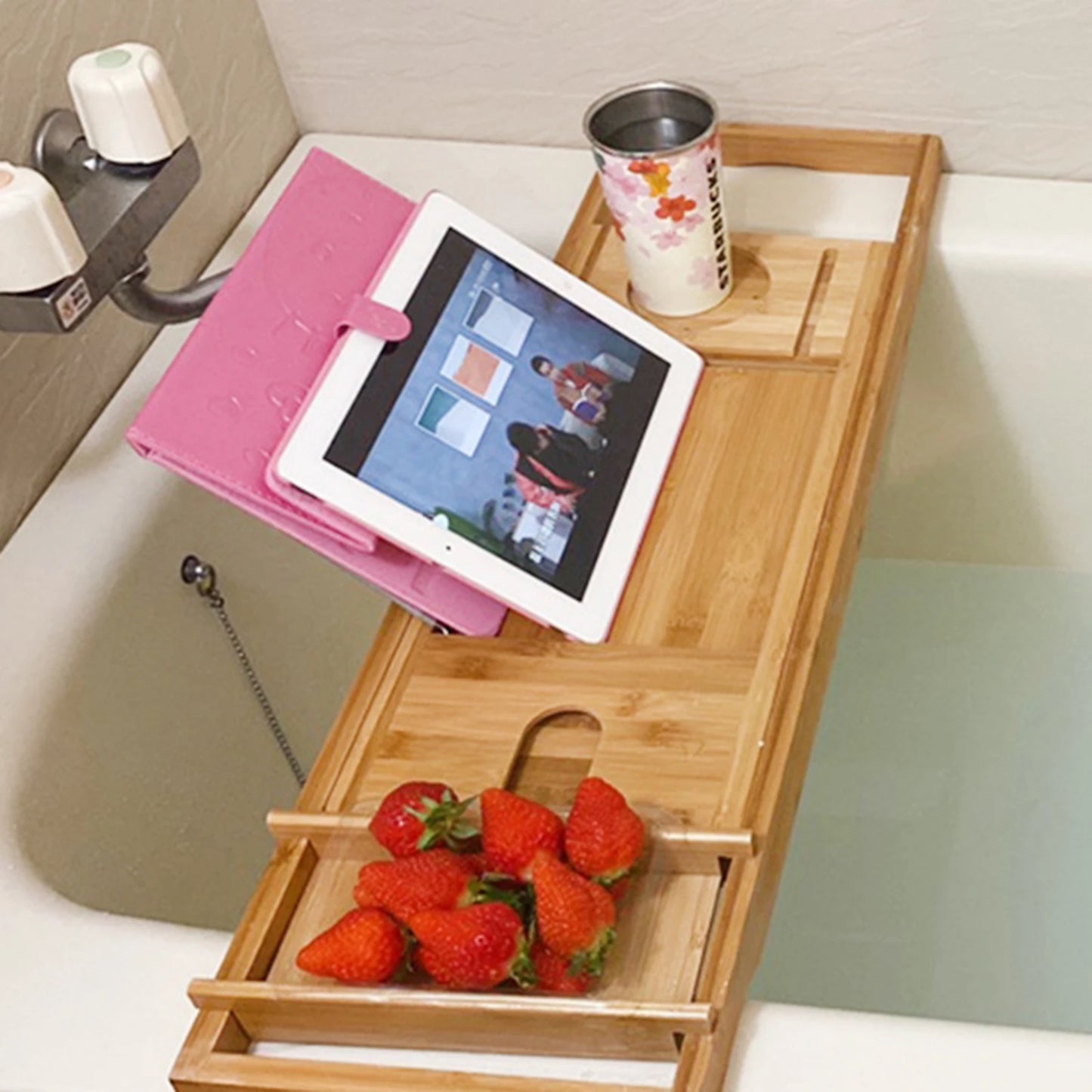 Wooden Bath Caddy Bath Board Shelf Tablet/Phone Red Wine Cup Slot Holder Tray