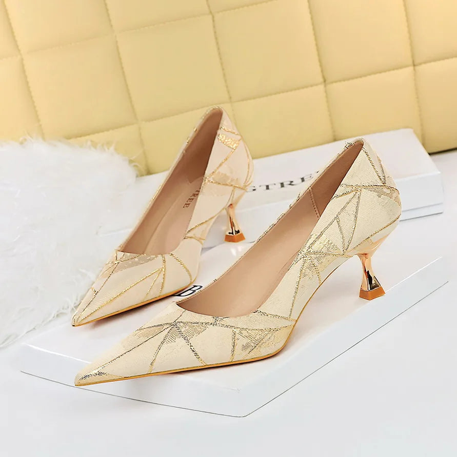 7.5cm Samll Heel Heels Ladies Shoes Colorful Lines Shiny Comfort Pumps Shoes Pointed Toe Women's Evening Dress for Wedding Daily