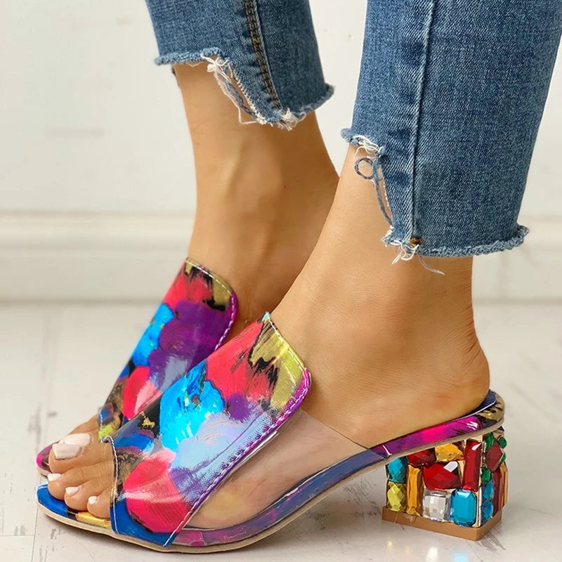 Summer Women Slipper Crystal Peep Toe Print Bohemian Casual Shoes Beach Sandals Ladies Shoes Platform Mules Sandalias De Mujer