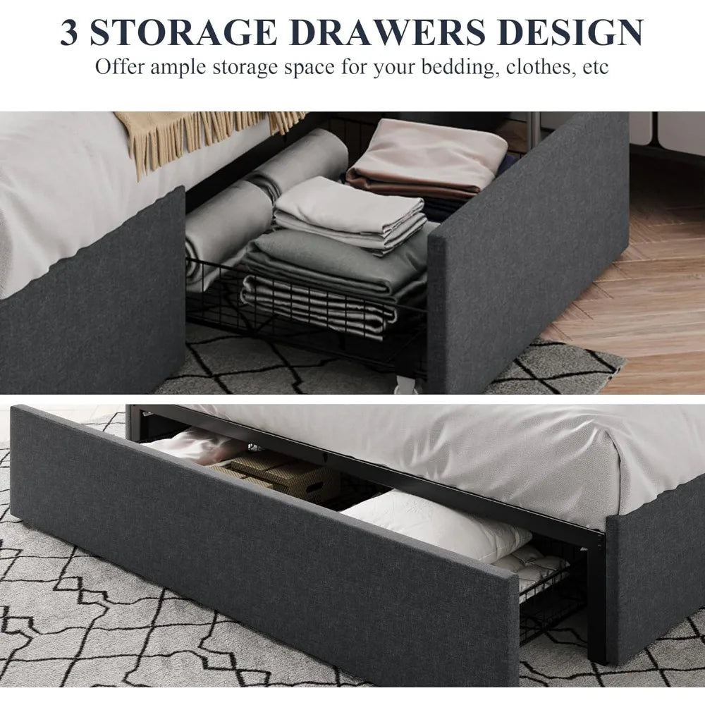 Full-size Platform Bed Frame with 3 Storage Drawers, Fabric Upholstery, Wooden Slats Support, No Need for A Box Spring