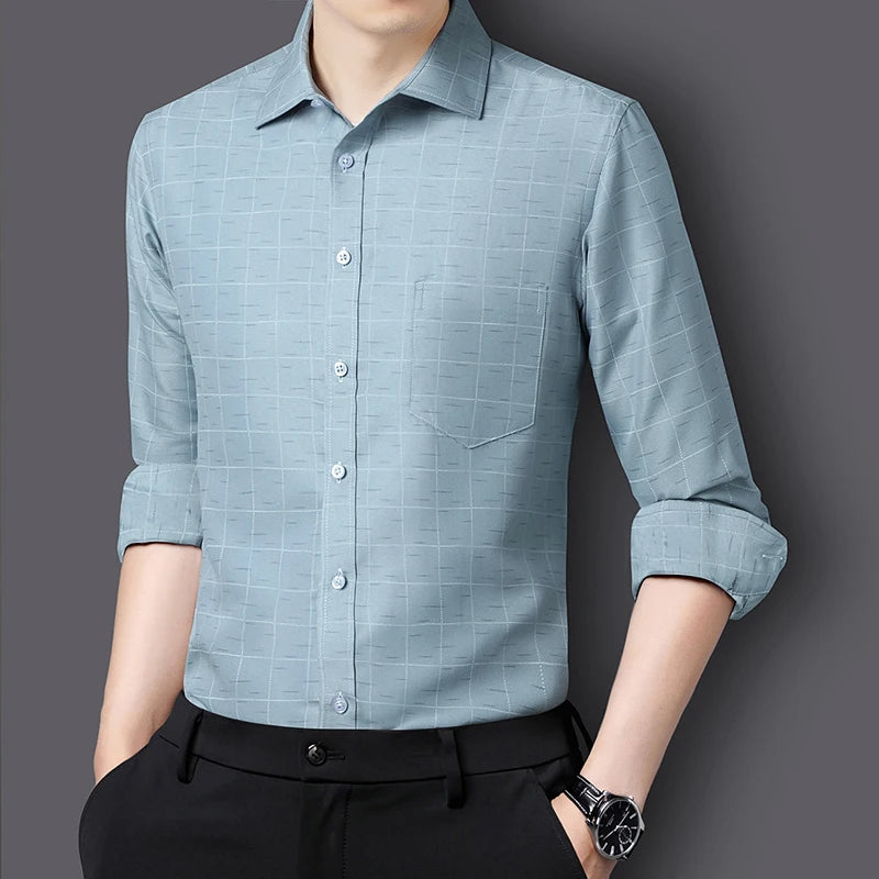 Spring New Business Casual Long Sleeve Plaid Shirts For Men Clothing 2023 Simple Formal Wear Slim Fit Office Blouse Homme 5XL-M