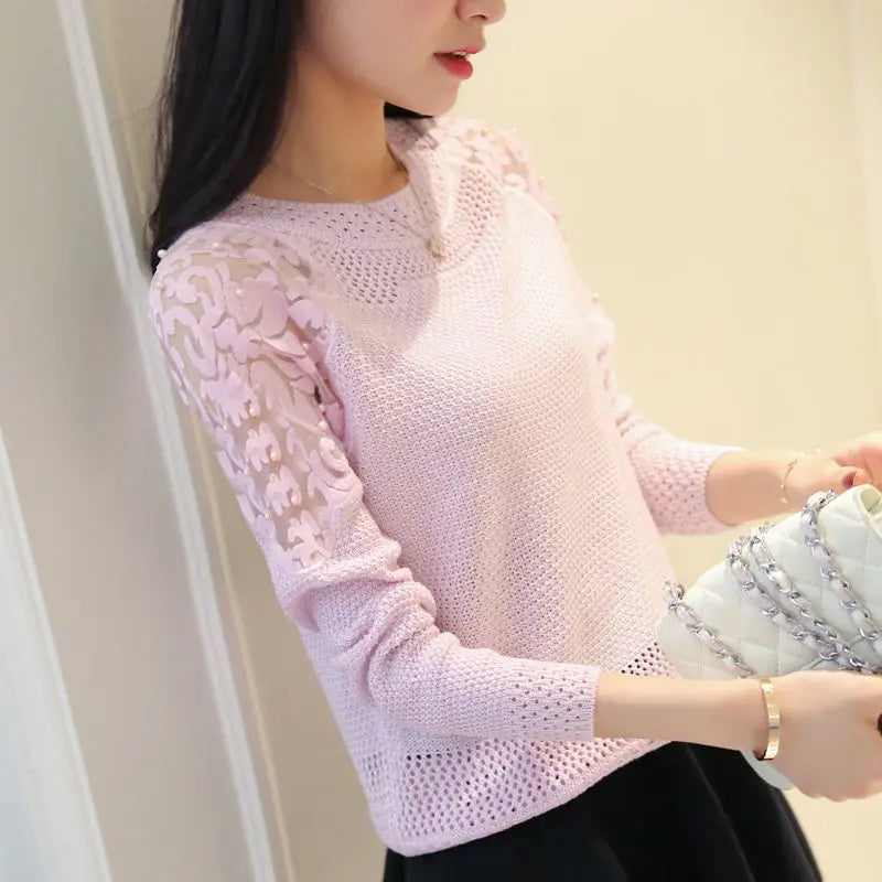 Woman Sweaters Thin Loose Hollow Beading Women's Clothing Lace Sweater Spring Crew Neck Pullover Femme Chandails Pull Hiver