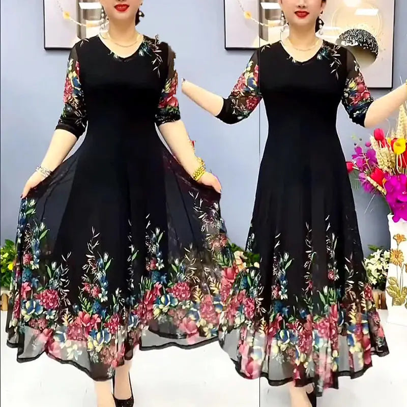 Women's Clothing Stylish Floral Printed Long Dress Summer Short Sleeve Casual Gauze Spliced Elegant V-Neck A-Line Waist Dresses