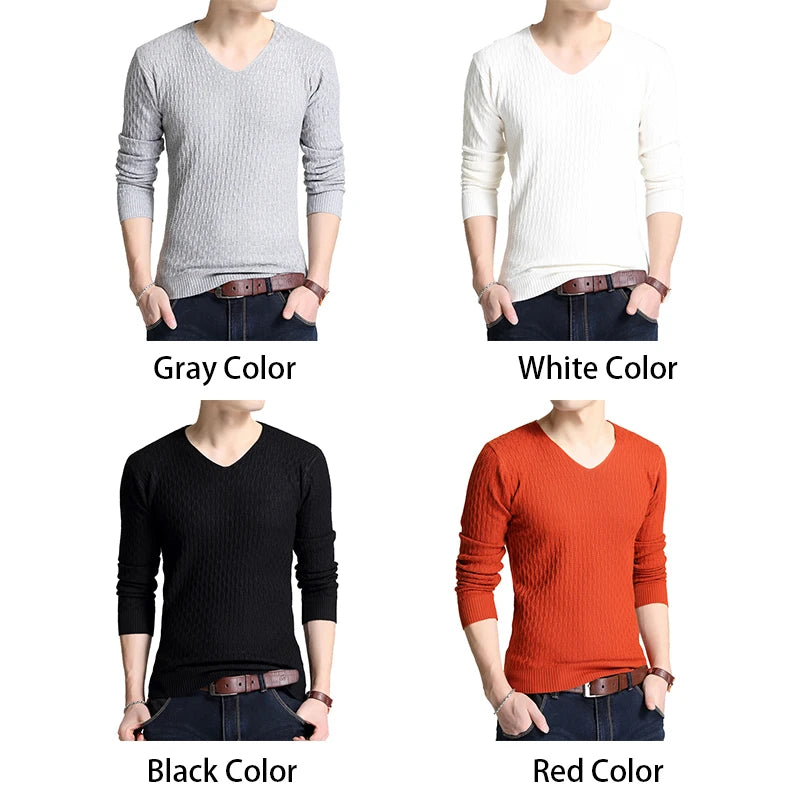 BROWON Autumn Slim Sweaters Men Long Sleeve Sweaters for Young Men V-collar Pure Long Sleeve Knitted Sweater Men Clothing