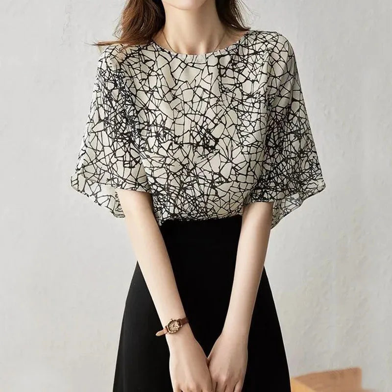 Vintage Chic Fashion Printing Round Neck Chiffon Shirt Tops Summer New Women's Clothing Loose Ladies Casual Half Sleeve Blouses