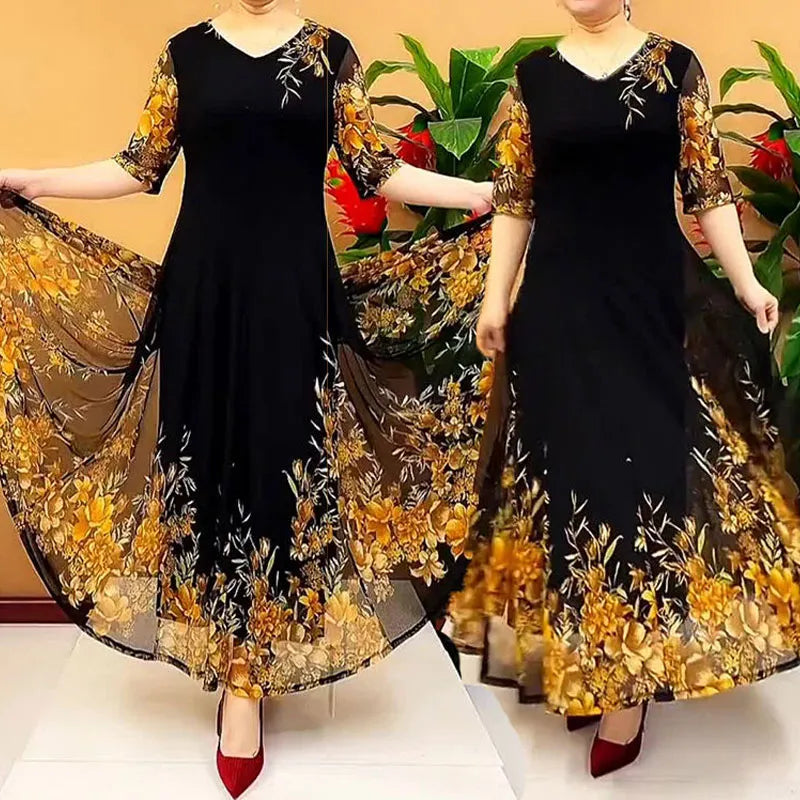 Women's Clothing Stylish Floral Printed Long Dress Summer Short Sleeve Casual Gauze Spliced Elegant V-Neck A-Line Waist Dresses