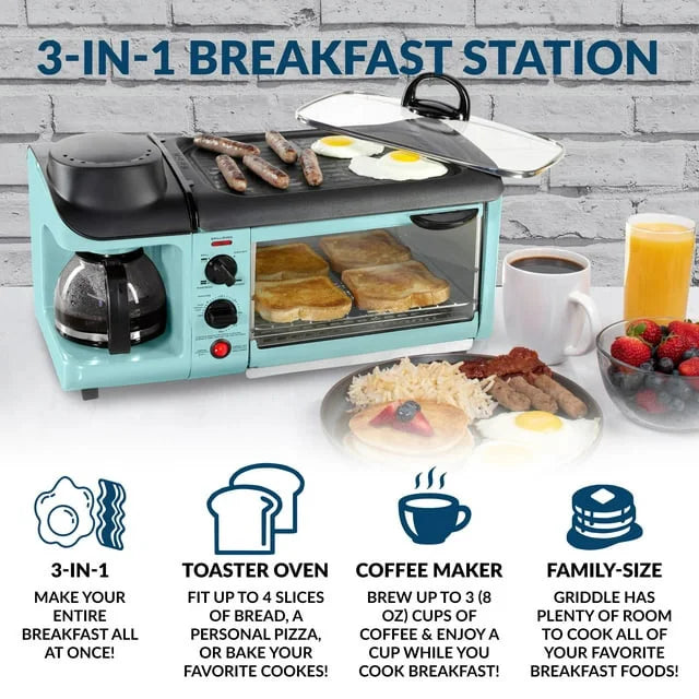 BST3AQ Retro 3-in-1 Family Size Electric Breakfast Station, Coffeemaker, Griddle, Toaster Oven - Aqua