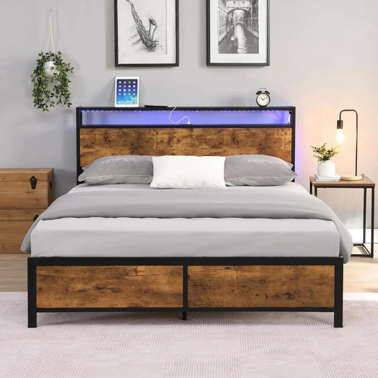 Queen/Full Size Industrial Bed Frame Noise Free with LED Lights&2 USB Ports&Storage No Box Spring Needed Rustic Brown[US-W]