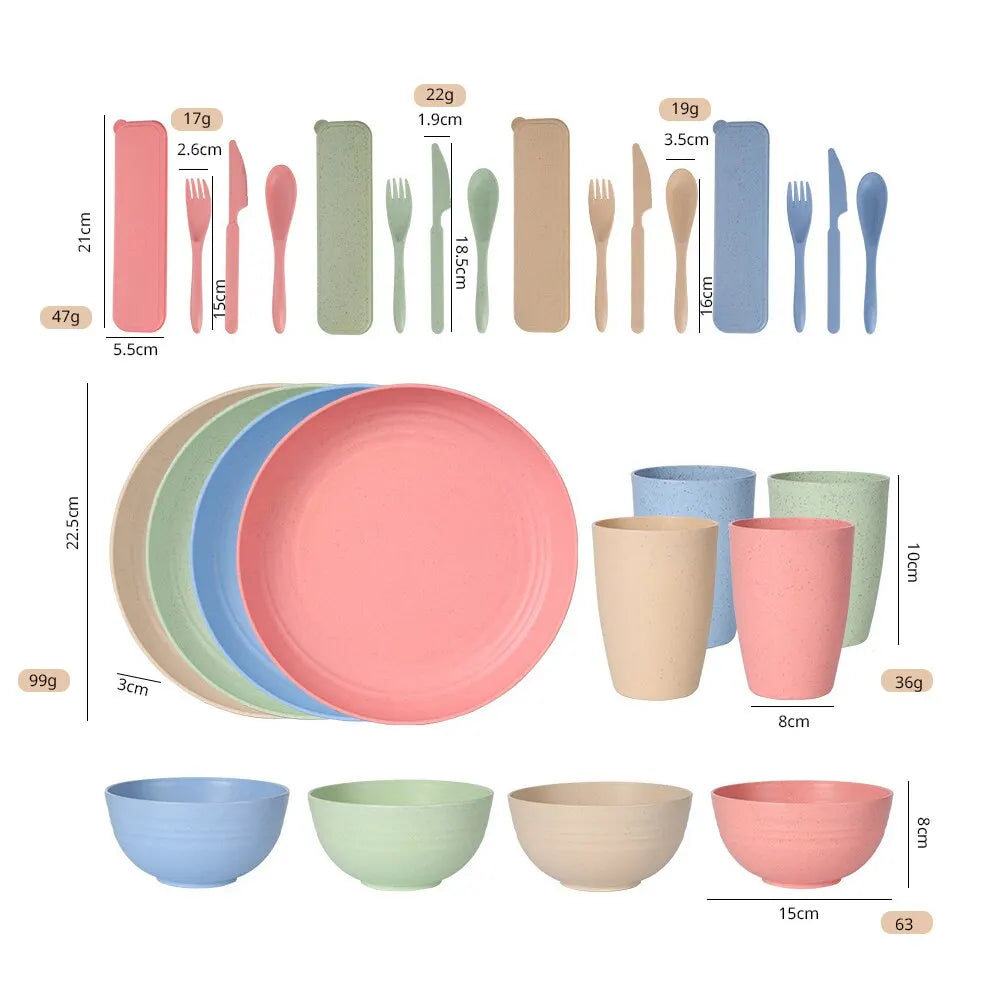 24PCS Home Outdoor Plastic Dining Plate Bowl Wheat Straw Plate Bowl Cup Knife Spoon Tableware Set