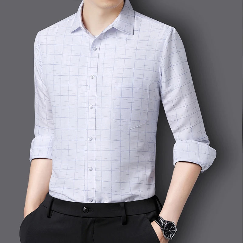 Spring New Business Casual Long Sleeve Plaid Shirts For Men Clothing 2023 Simple Formal Wear Slim Fit Office Blouse Homme 5XL-M