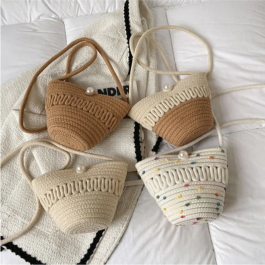 Cotton Rope Bucket Shoulder Bag For Women Handamade Woven Handbag Summer Beach Bag Drawstring Crossbody Bag Purse cute tote bag