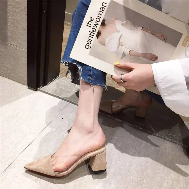 Pointed Toe Suede Square heel High heels Muller slippers women 2019 summer shoes women Fashion Patchwork Shallow ladies shoes