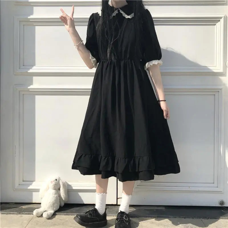 Autumn New Black Kawaii Lolita Dress Sen Girl Fairy Cute Lolita Doll Collar Puff Sleeve Dress 2021 Fashionable Women's Clothing