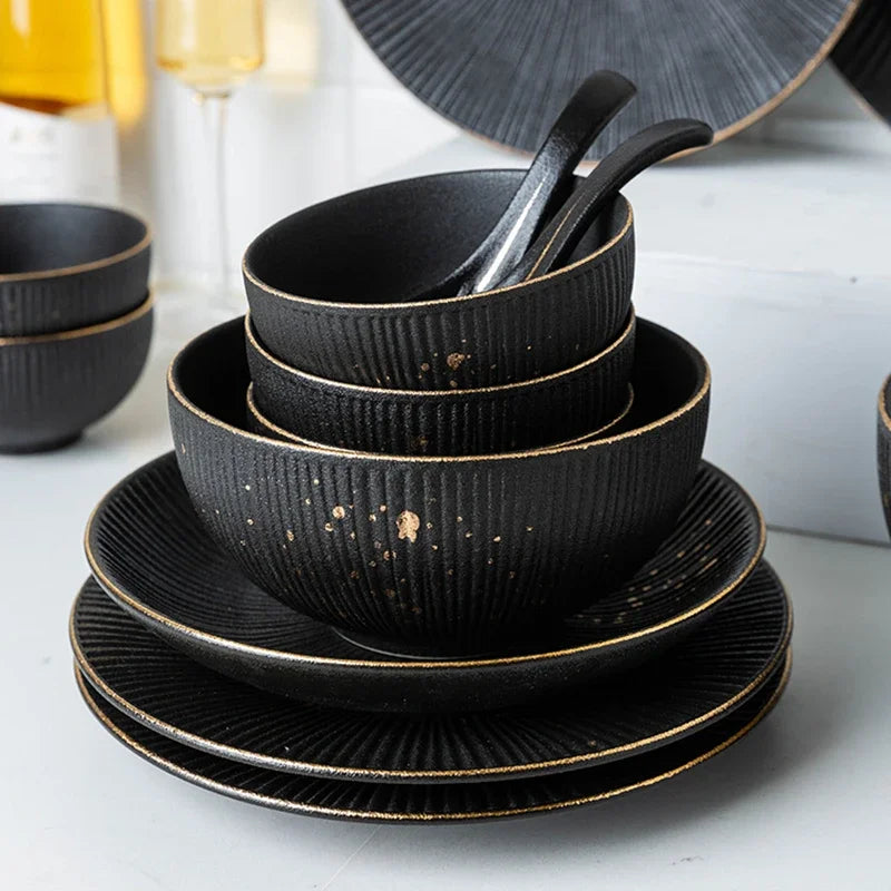 Phnom Penh Household Kitchen Tableware European Creative Steak Plate Black Ceramic Dishes Spoon  Bowl Dish Flatware Set