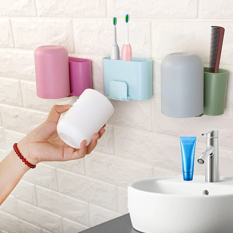 New Wall-Mounted Toothbrush Holder Bathroom Punch-Free Tooth Cup Rack Household Wall-Mounted Mouthwash Cup Holder Storage Box