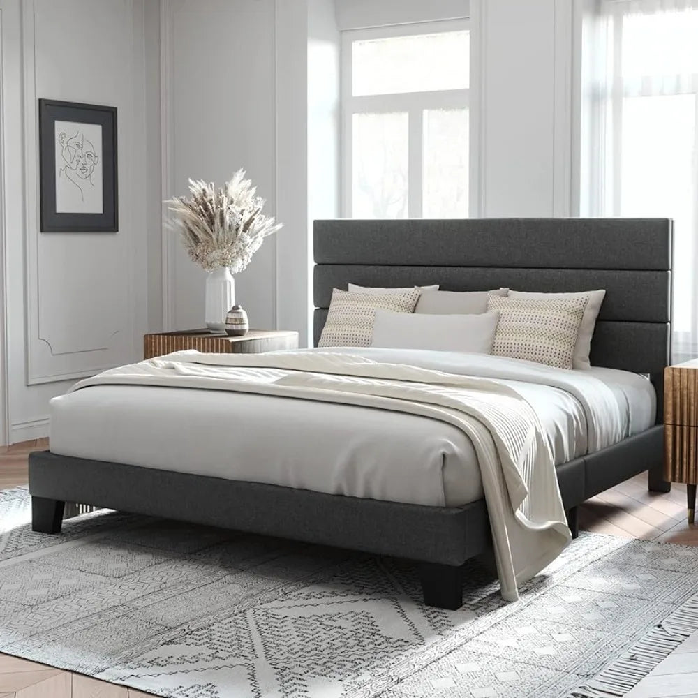 King Bed Frame Platform Bed With Fabric Upholstered Headboard and Wooden Slats Support Full Beds for Marriage Frane Bedroom Home