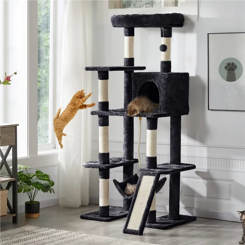 Easyfashion Multilevel 63inch Cat Tree Tower for Kitchens, Black cat cardboard  cat climbing frame