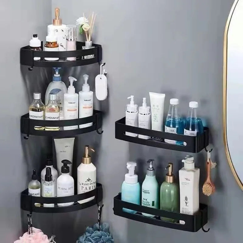 Bathroom Shelf Organizer Shower Storage Rack Black Corner Shelves Wall Mounted Aluminum Toilet Shampoo Holder No Drill