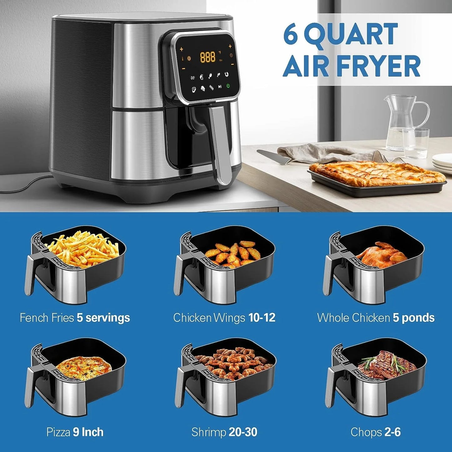 Air Fryer, 6 Quart Airfryer, Large Stainless Steel Air Fryers for 3-5 People, 8 Food Presets, Digital Touch Screen, Healthy Cook