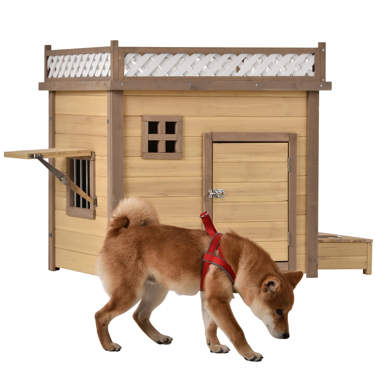 31.5"/39.4” Wooden Dog House Puppy Shelter Kennel Outdoor & Indoor Dog Crate  with Flower Stand  Plant Stand  With Wood Feeder