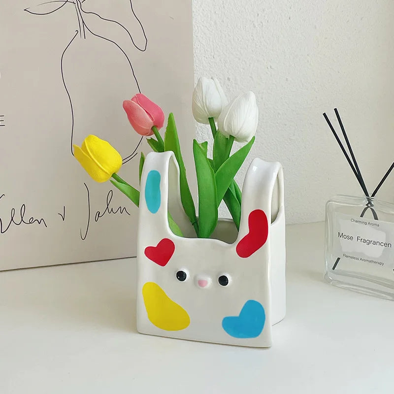 Small Hand Painted Bag Flower Vases Ceramic Makeup Brush Pencil Container Storage Home Decor Cute Tabletop Vase Filler Ornaments