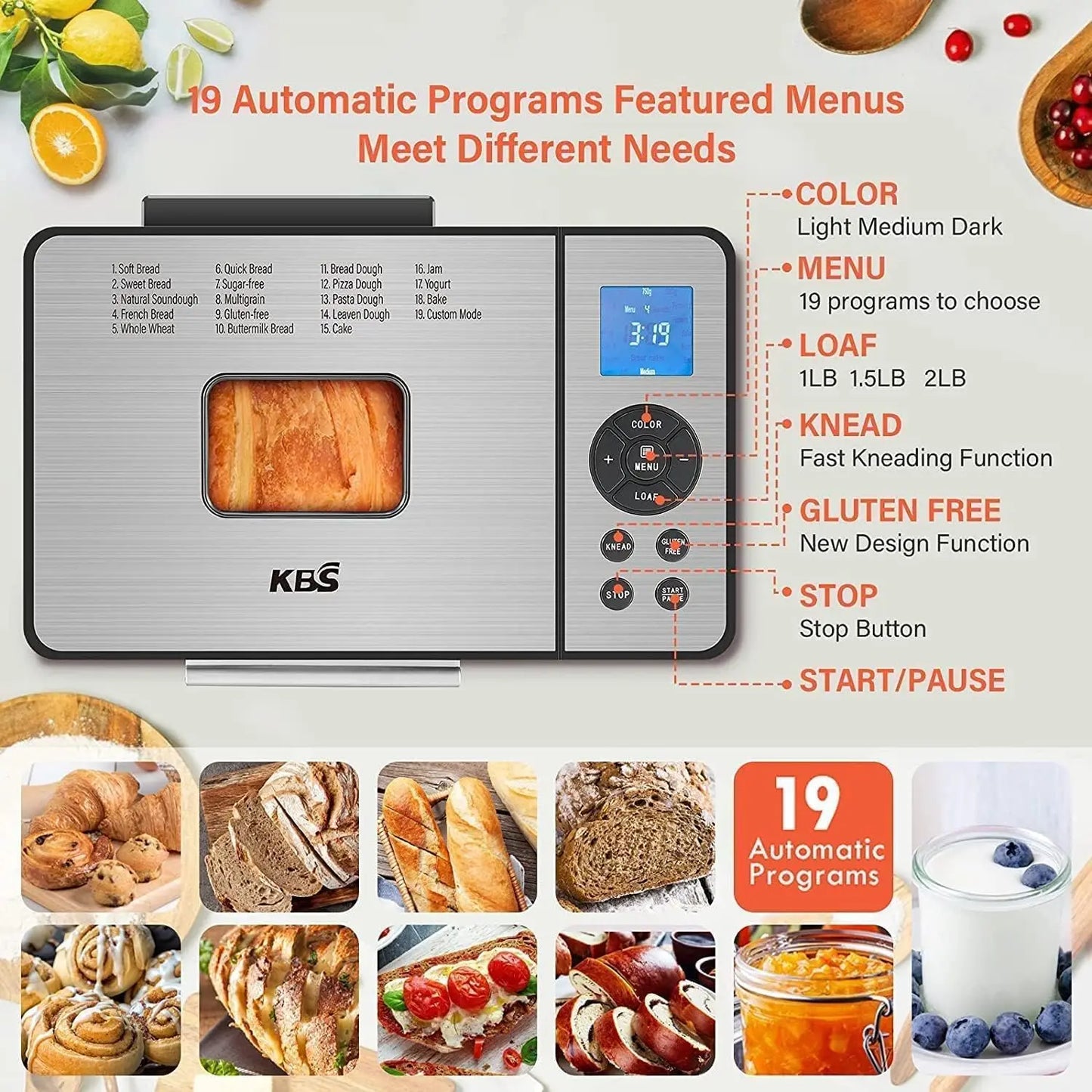 19 in 1 Bread Machine, 2LB Bread Maker with Fully Stainless, Dough Maker, 3 Crust Colors & 3 Loaf Sizes, 15H Timer and 1H Ke Tos