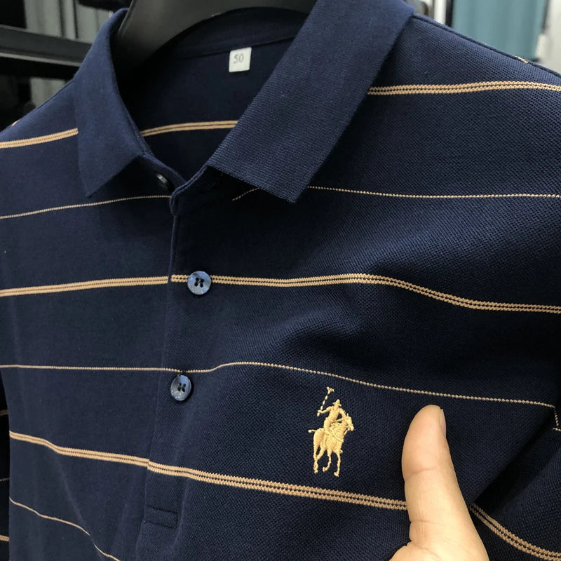 100% Cotton High End Luxury Men's Polo Shirt Embroidered Print Lapel Striped T-shirt Autumn New Korea Business Casual Clothing