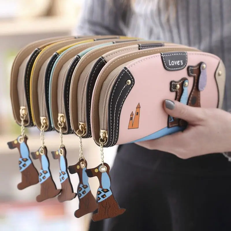 Fashion Cartoon Dog Women Wallet Wrist Handle Phone Case Long Section Money Pocket Pouch Handbag Women's Purse Card Holder