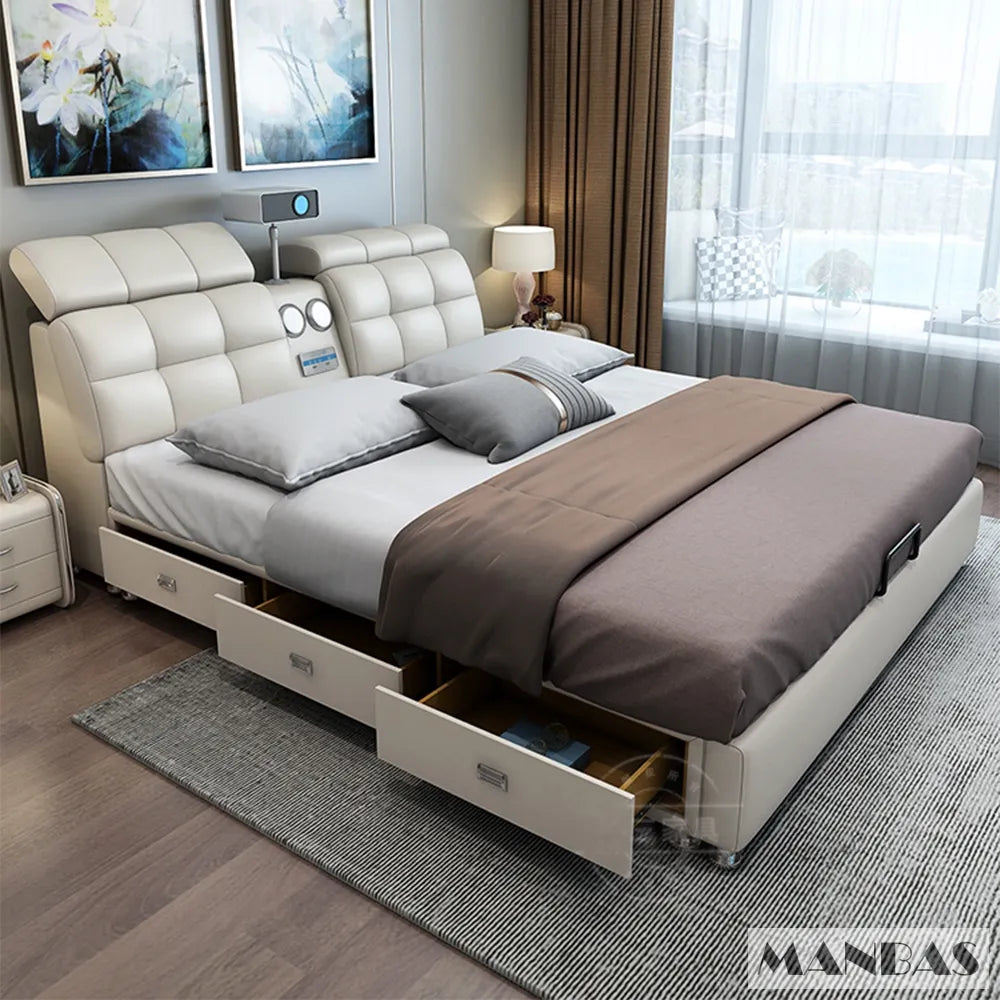 MINGDIBAO Ultimate Tech Smart Bed - Multifunctional Bedframe with Genuine Leather and Bluetooth Speaker, Drawers, Projector, USB