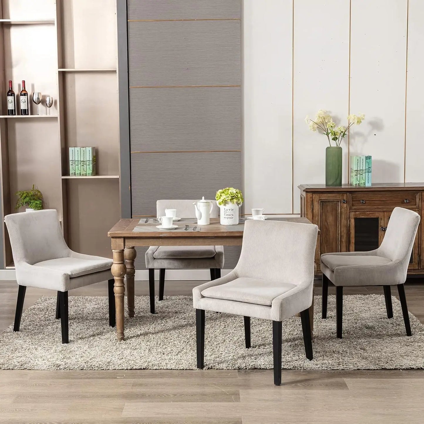 COLAMY Modern Dining Chairs Set of 4, Upholstered Corduroy Accent Side Leisure Chairs with Mid Back and Wood Legs