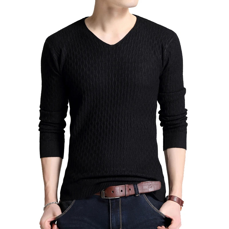 BROWON Autumn Slim Sweaters Men Long Sleeve Sweaters for Young Men V-collar Pure Long Sleeve Knitted Sweater Men Clothing