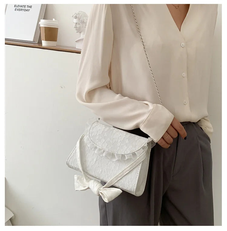 Elegant Lace Up Bow Handle Women Shoulder Bags Vintage Embossed Design Ladies Crossbody Bag Female Square Chain Clutch Handbags