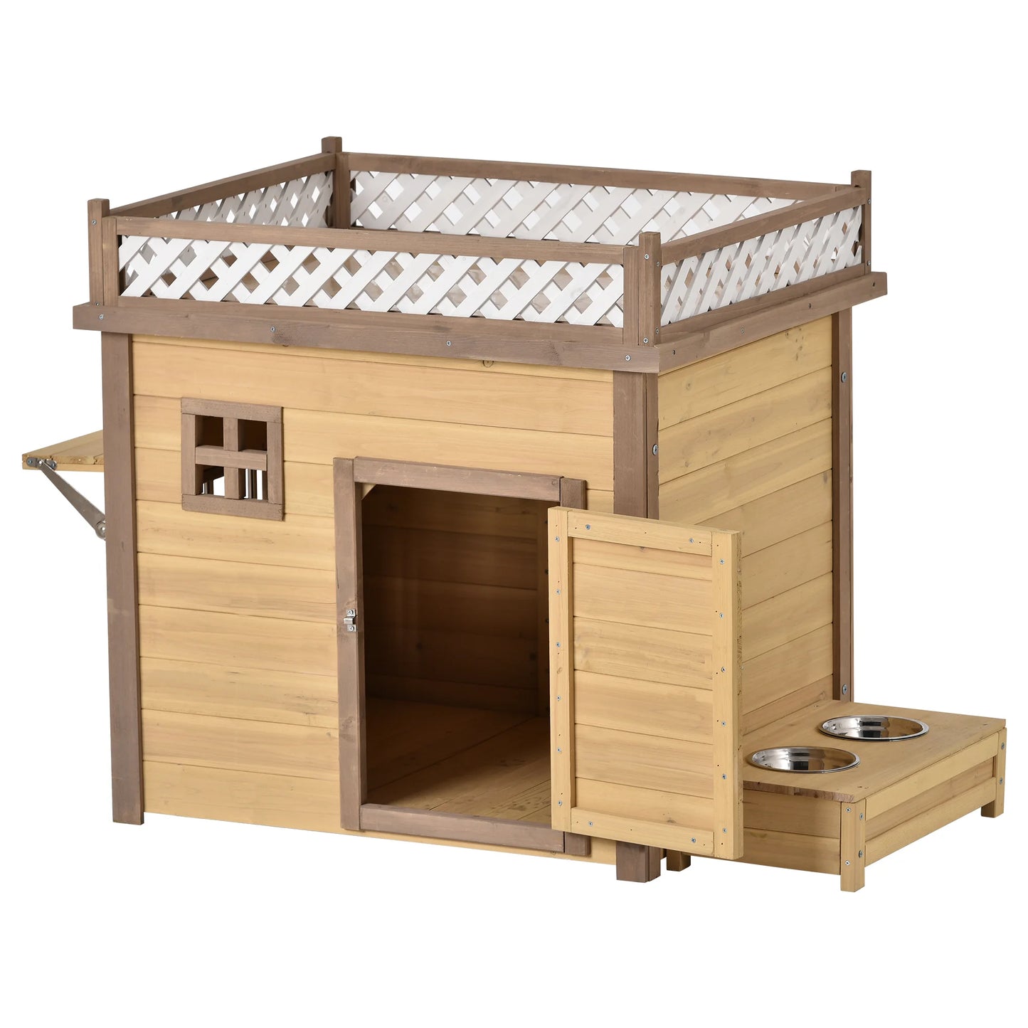 31.5"/39.4” Wooden Dog House Puppy Shelter Kennel Outdoor & Indoor Dog Crate  with Flower Stand  Plant Stand  With Wood Feeder